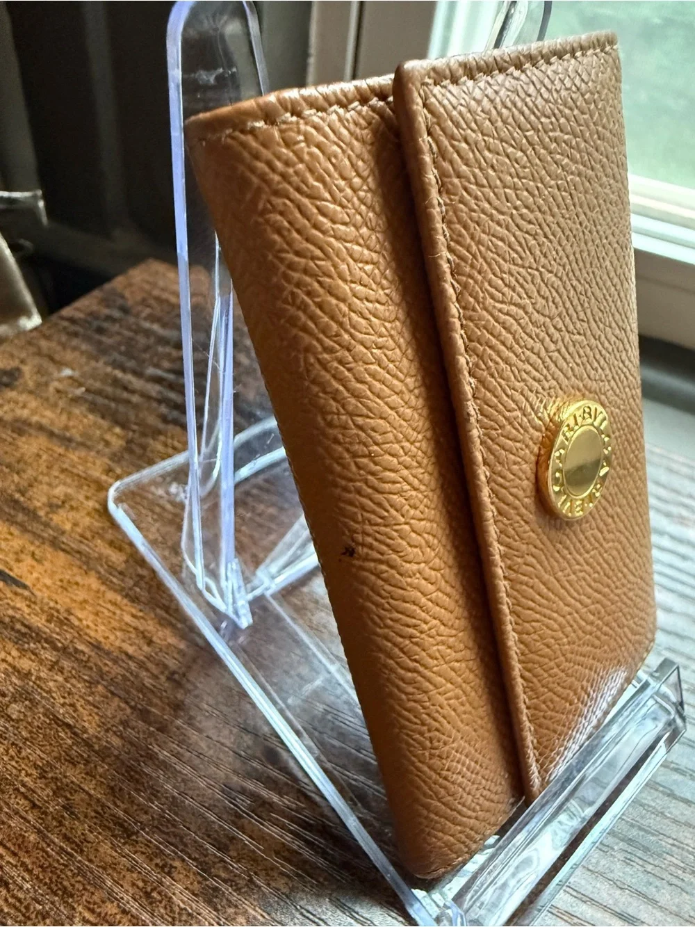 Bvlgari Tan Pebbled Leather Wallet with Gold Logo Medallion